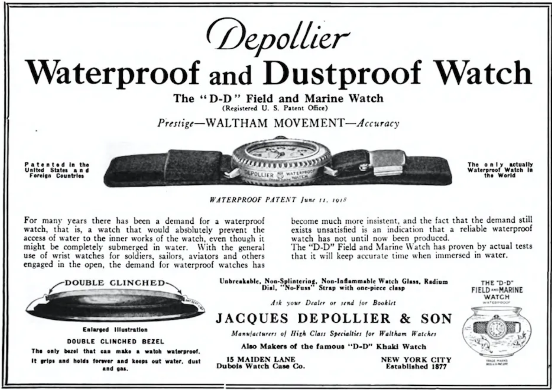 The First Waterproof Wristwatch was American? The Depollier Field & Marine